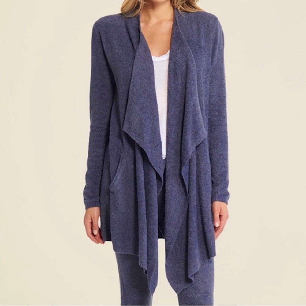 BAREFOOT DREAMS Cozy Chic Lite Island Wrap Open Waterfall Sweater L/XL Gray Blue